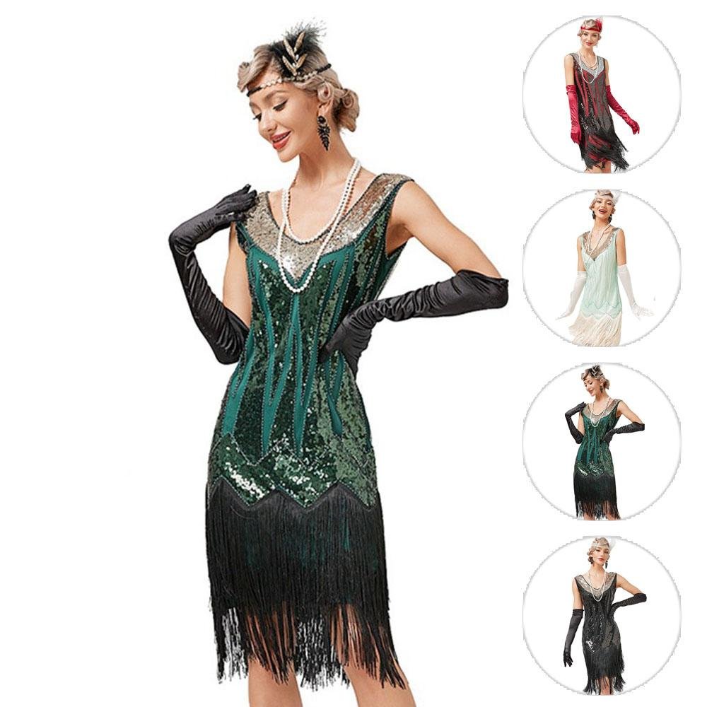 Buy1920S Retro V - neck fringe skirt Gatsby costume Latin dance ball sequined beaded dress Now Cheaper With 3 - 5 Days Ship - PajamasBuy