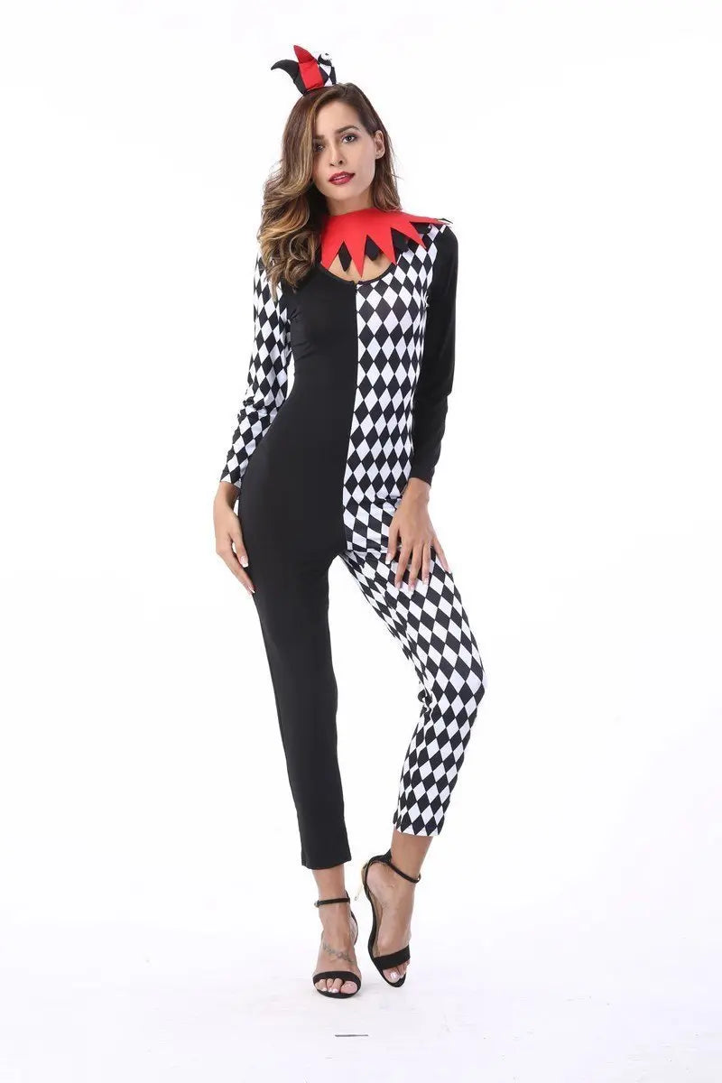 Adult Women Circus Clown Harlequin Jester Halloween Costume Jumpsuit - Pajamasbuy