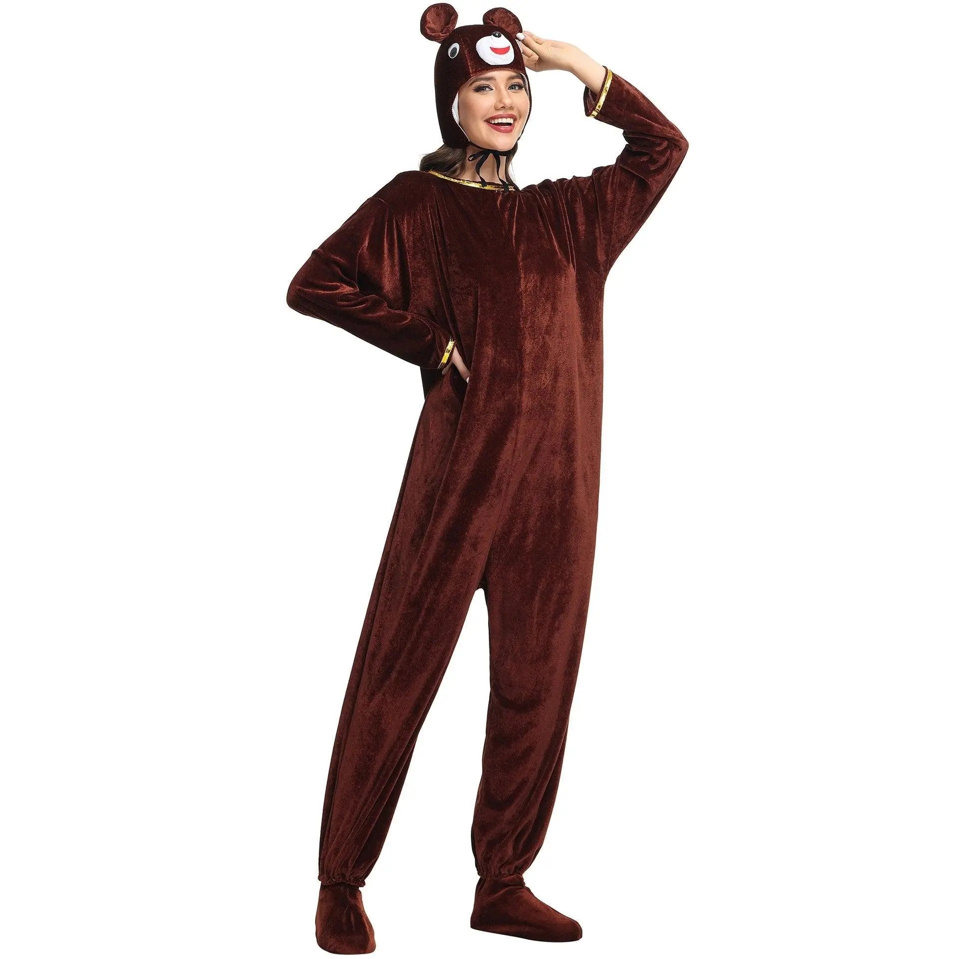 Animal kigurumi onesies Brown Bear Costume Cozy Gold Velvet Pajamas - Pajamasbuy