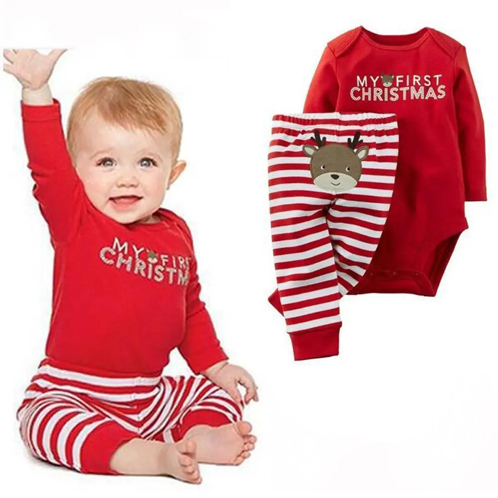 Baby Christmas Santa Elk Print 2 Piece Red Bodysuit Striped Pant Set - Pajamasbuy