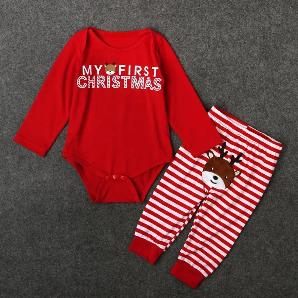 Baby Christmas Santa Elk Print 2 Piece Red Bodysuit Striped Pant Set - Pajamasbuy