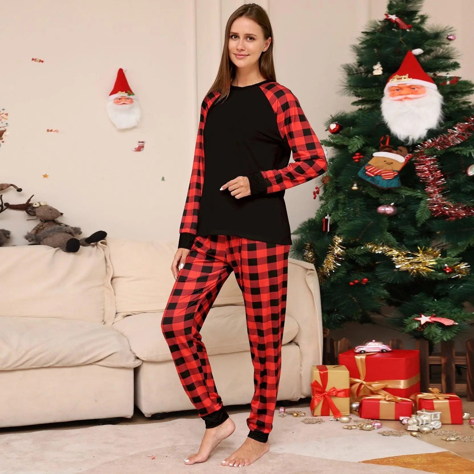 Black Solid Color Plaid Print Christmas Family Couples Matching Pajamas Party Sets - Pajamasbuy