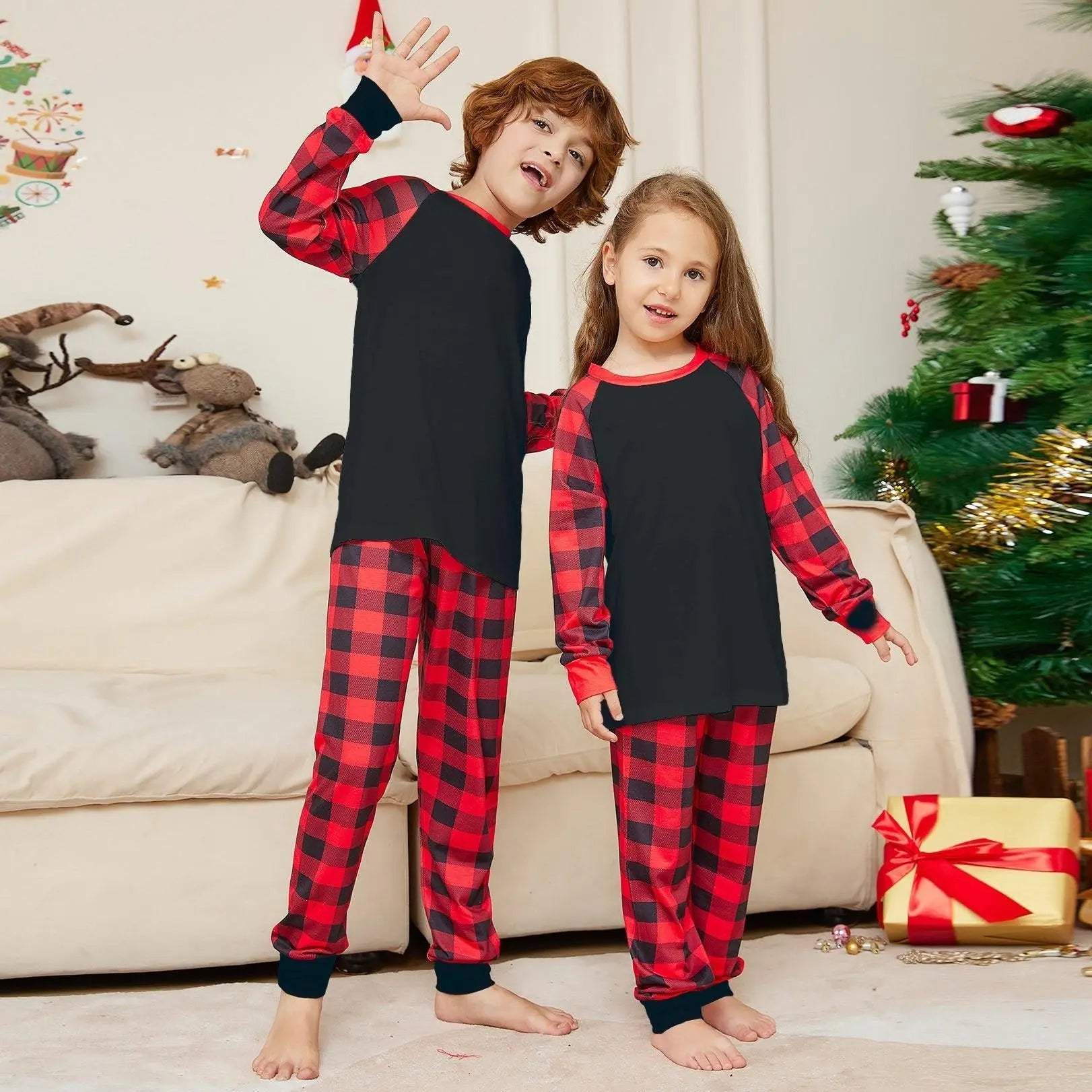 Black Solid Color Plaid Print Christmas Family Couples Matching Pajamas Party Sets - Pajamasbuy