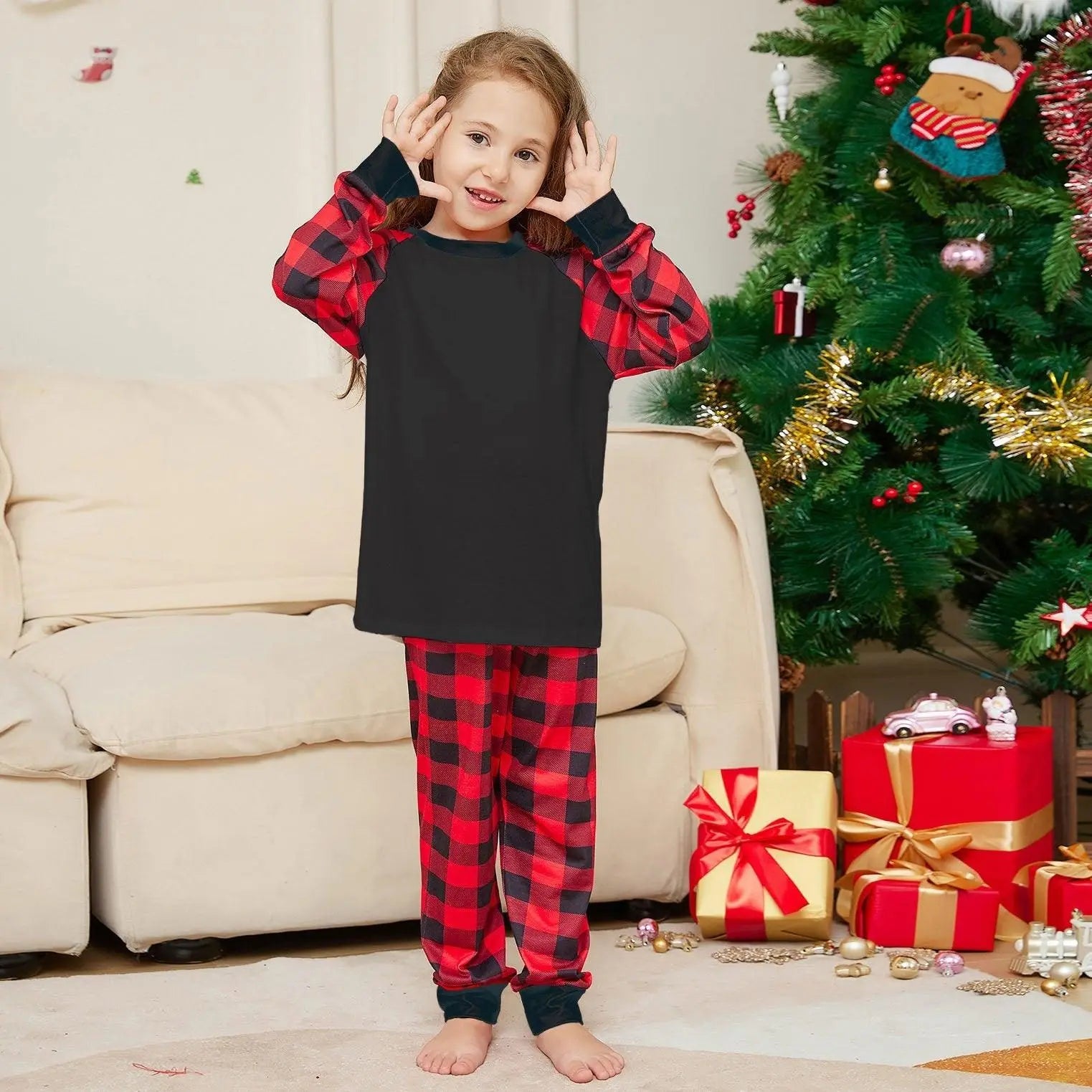 Black Solid Color Plaid Print Christmas Family Couples Matching Pajamas Party Sets - Pajamasbuy