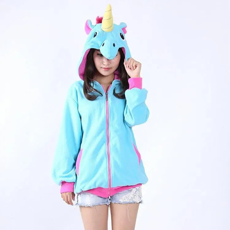 Blue Unicorn Cartoon Zip - up Hoodie Cosplay Costume Long Sleeves - Pajamasbuy