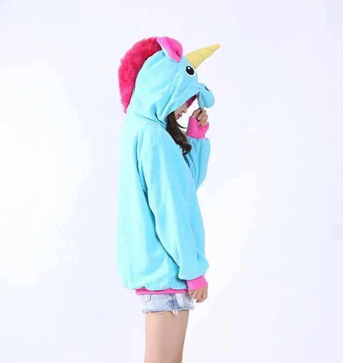 Blue Unicorn Cartoon Zip - up Hoodie Cosplay Costume Long Sleeves - Pajamasbuy