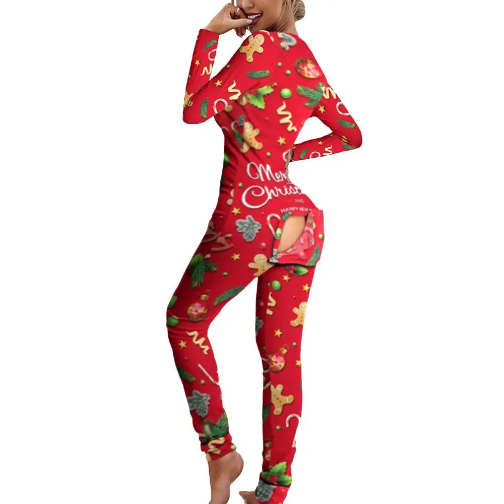 Christmas Costumes Features Printed Long - sleeved Jumpsuit Women - Pajamasbuy