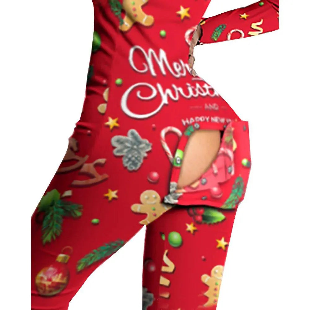 Christmas Costumes Features Printed Long - sleeved Jumpsuit Women - Pajamasbuy