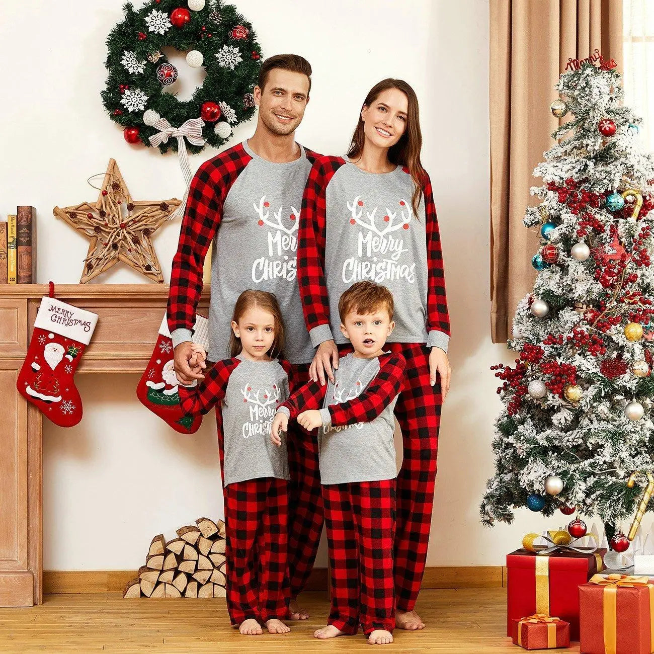 Christmas Family Matching Deer Print Plaid Pajamas Two Pieces Set - Pajamasbuy