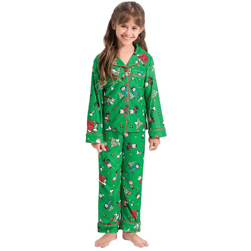 Christmas Family Matching Green Pajamas Snoopy Prints with V-Neck and Pockets for Adults Kids|?Pajamasbuy