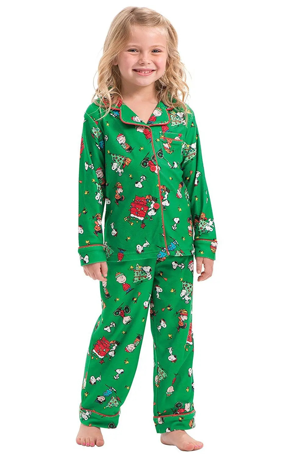 Christmas Family Matching Green Pajamas Snoopy Prints with V-Neck and Pockets for Adults Kids|?Pajamasbuy