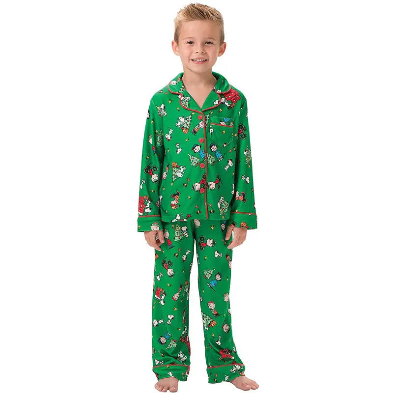 Christmas Family Matching Green Pajamas Snoopy Prints with V-Neck and Pockets for Adults Kids|?Pajamasbuy