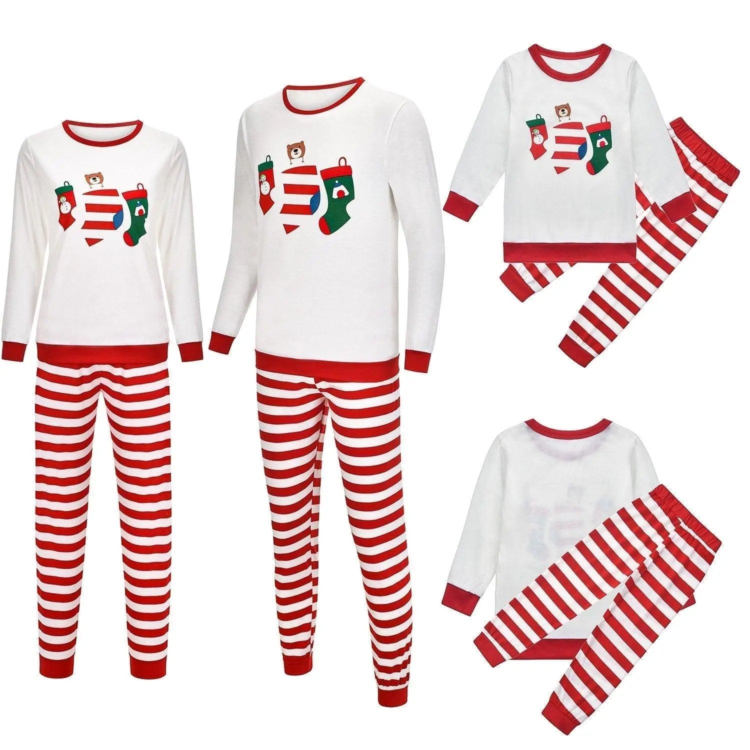 Christmas Family Matching Sleepwear Pajamas Sets White Stocking Bear Top and Red Stripes Pants - Pajamasbuy