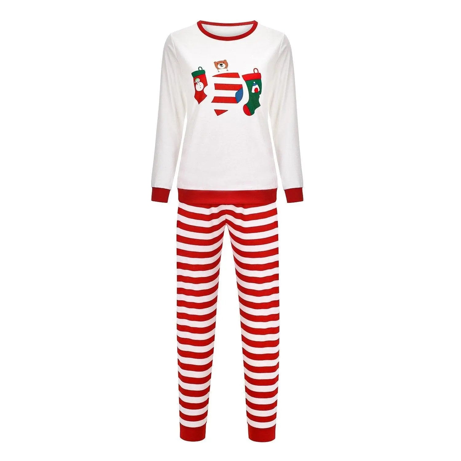 Christmas Family Matching Sleepwear Pajamas Sets White Stocking Bear Top and Red Stripes Pants - Pajamasbuy