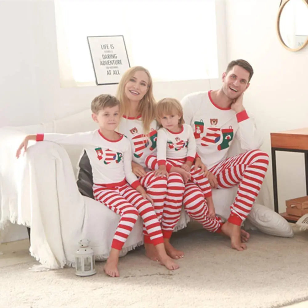 Christmas Family Matching Sleepwear Pajamas Sets White Stocking Bear Top and Red Stripes Pants - Pajamasbuy