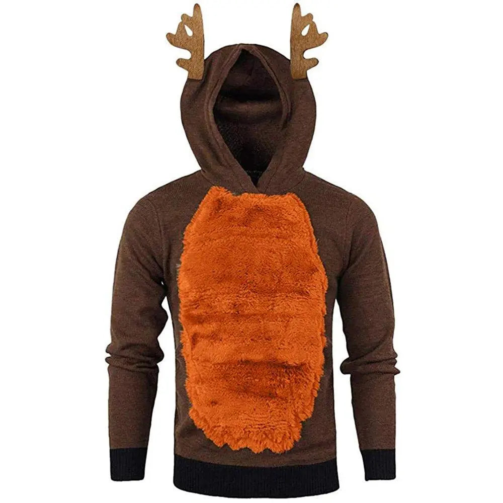 Christmas Hoodie for Men Sweatshirt Furry Reindeer Jacket Plus Velvet Coat - Pajamasbuy