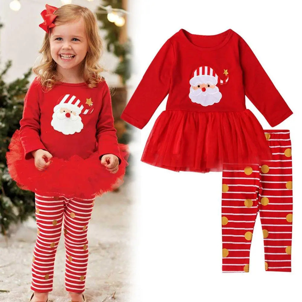 Christmas Santa Claus Long - sleeved Striped Trousers Two Piece Suit for Girls - Pajamasbuy