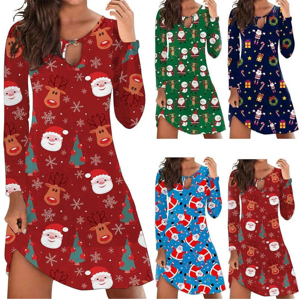 Christmas Top Dress Ladies Santa Print Long Sleeve Dress - Pajamasbuy