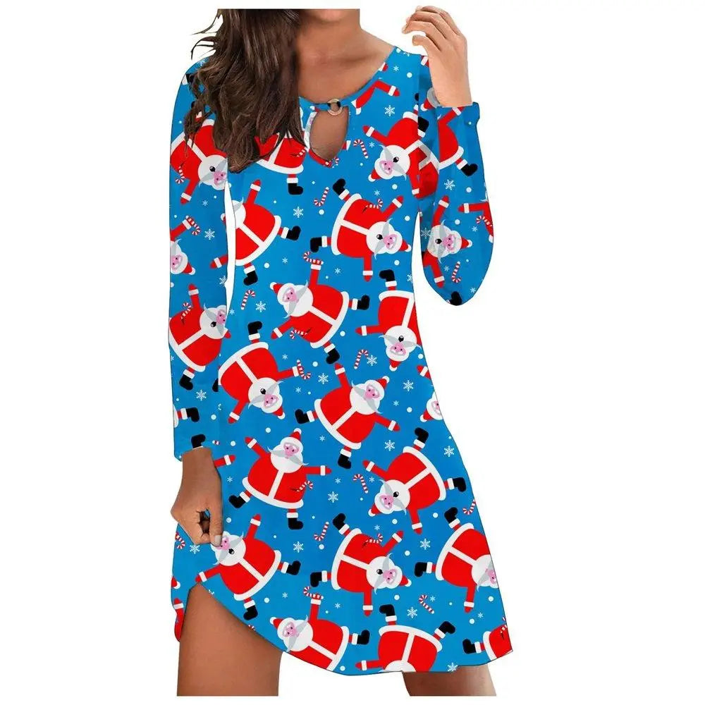 Christmas Top Dress Ladies Santa Print Long Sleeve Dress - Pajamasbuy