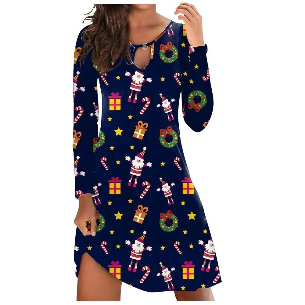 Christmas Top Dress Ladies Santa Print Long Sleeve Dress - Pajamasbuy