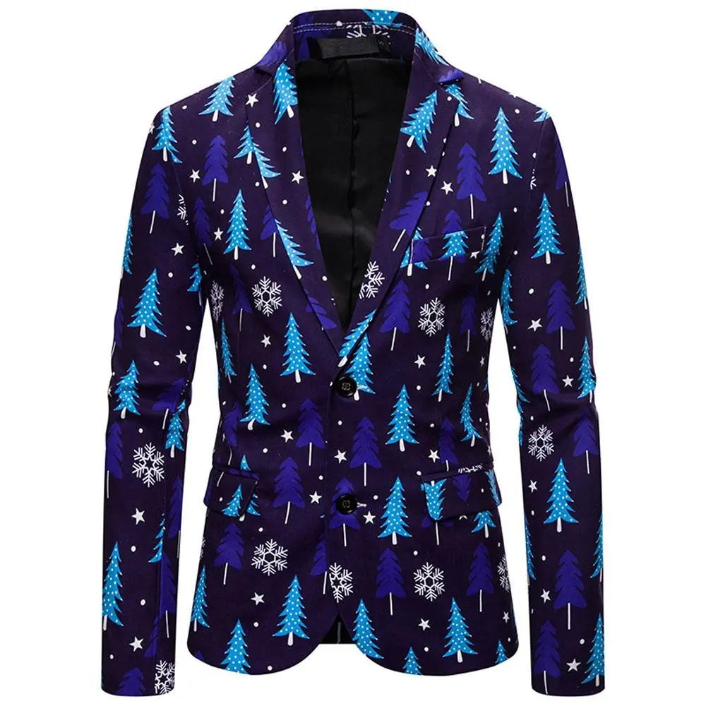 Christmas blue Dinner Jackets for Men Holiday Santa Printed Blazers Outfit Suits - Pajamasbuy