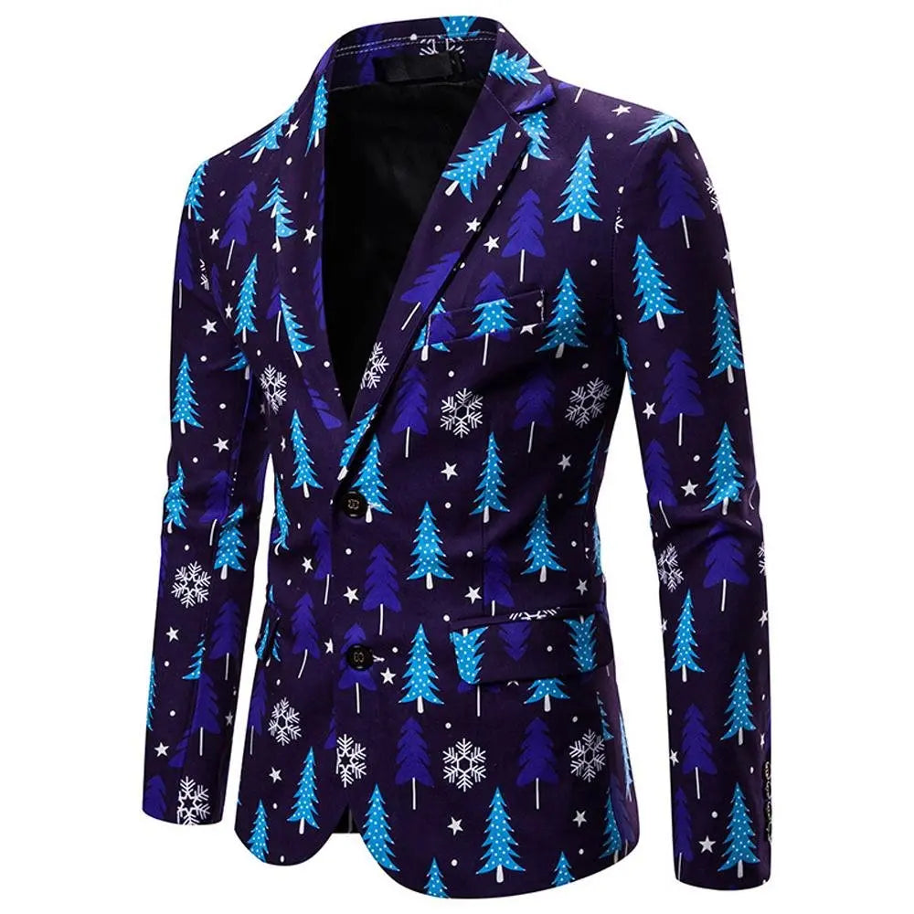 Christmas blue Dinner Jackets for Men Holiday Santa Printed Blazers Outfit Suits - Pajamasbuy