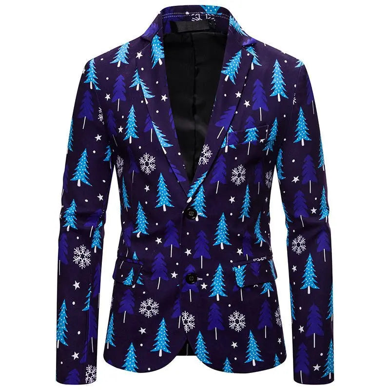 Christmas blue Dinner Jackets for Men Holiday Santa Printed Blazers Outfit Suits - Pajamasbuy