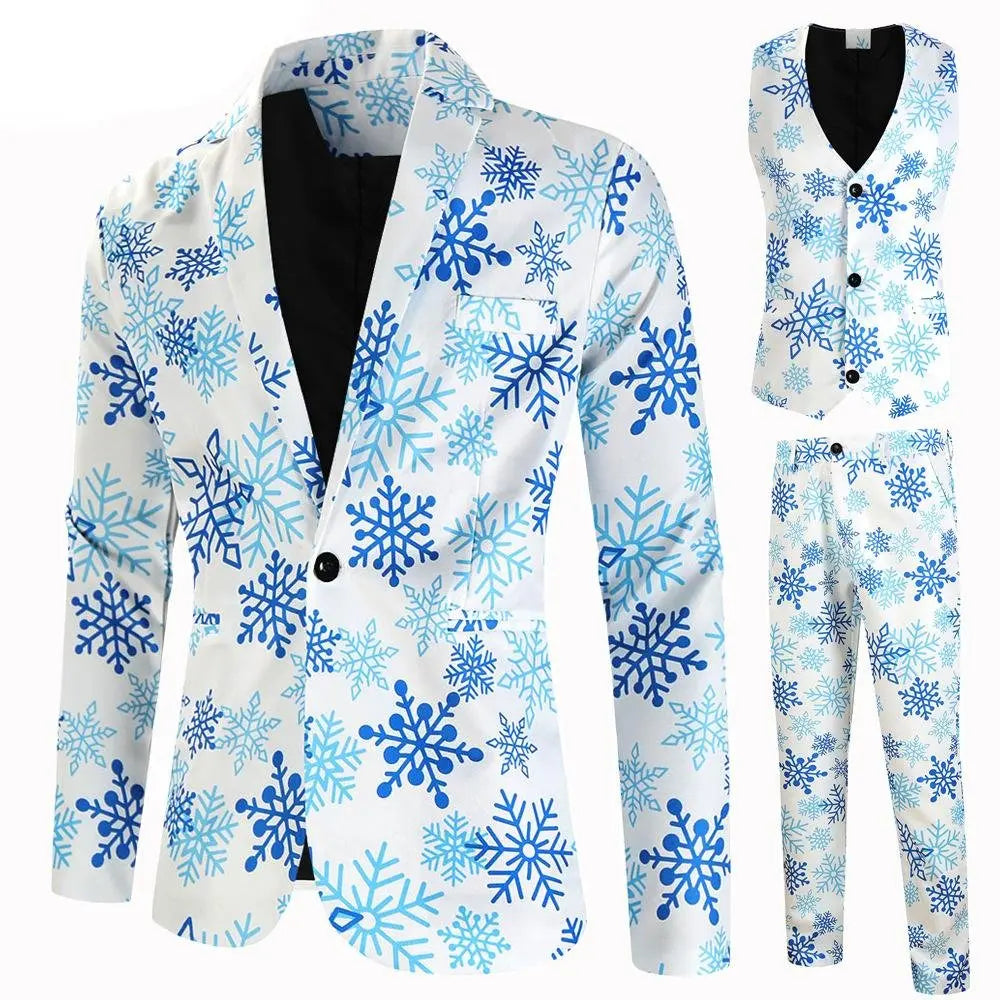 Christmas light blue men's Blazer suits Santa 3D print trousers with vest - Pajamasbuy