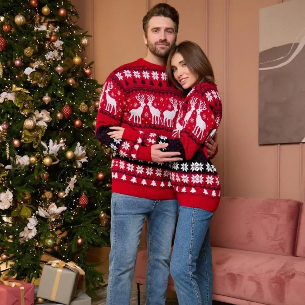 Couples Christmas Matching Sweaters Christmas Ugly Sweaters with Reindeer and Snowflake Pattern|?PajmasBuy