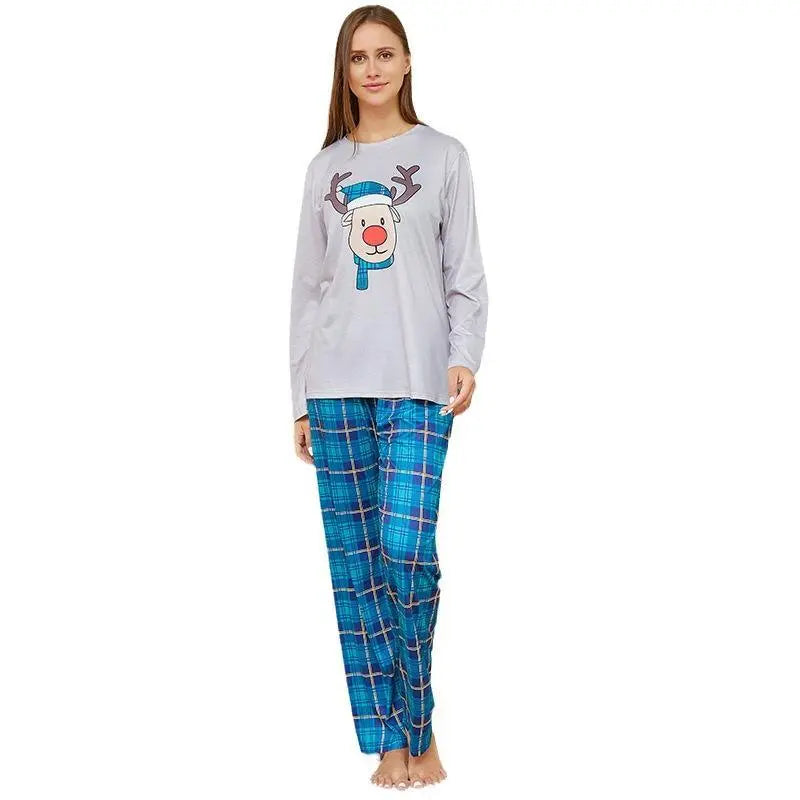 Deer Head Blue Plaid Crew Neck Christmas Family Couples Matching Pajamas Party Sets - Pajamasbuy