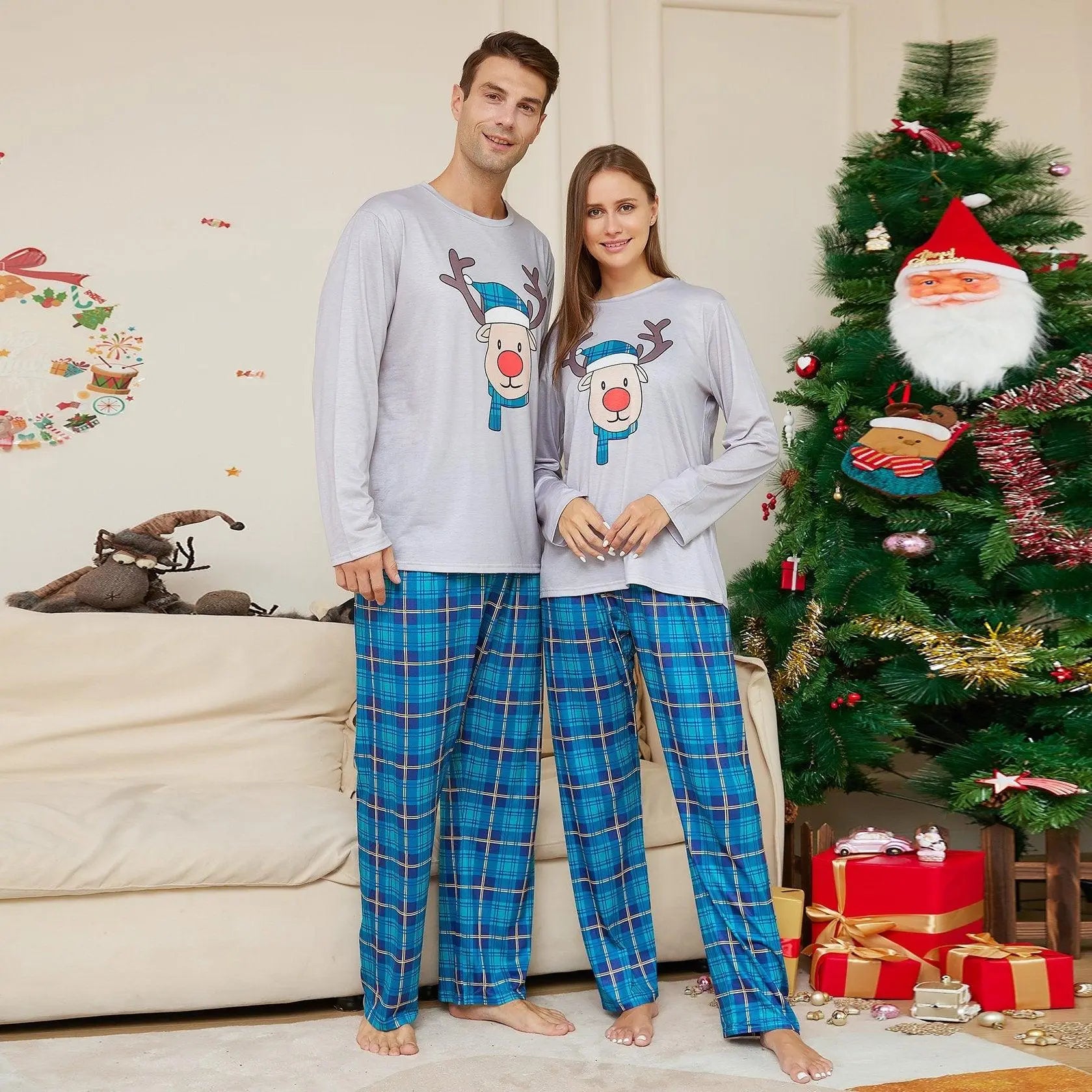 Deer Head Blue Plaid Crew Neck Christmas Family Couples Matching Pajamas Party Sets - Pajamasbuy