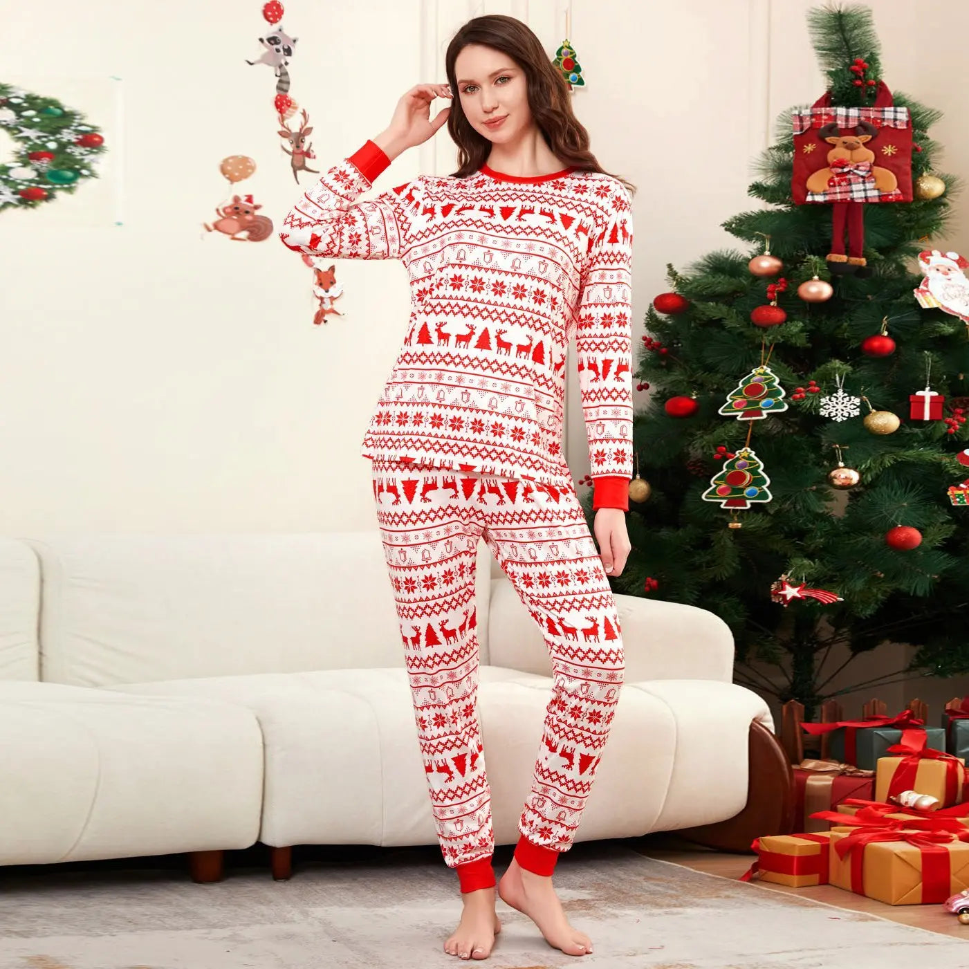 Elk Cartoon Print Crew Neck Christmas Family Matching Pajamas Party Sets - Pajamasbuy