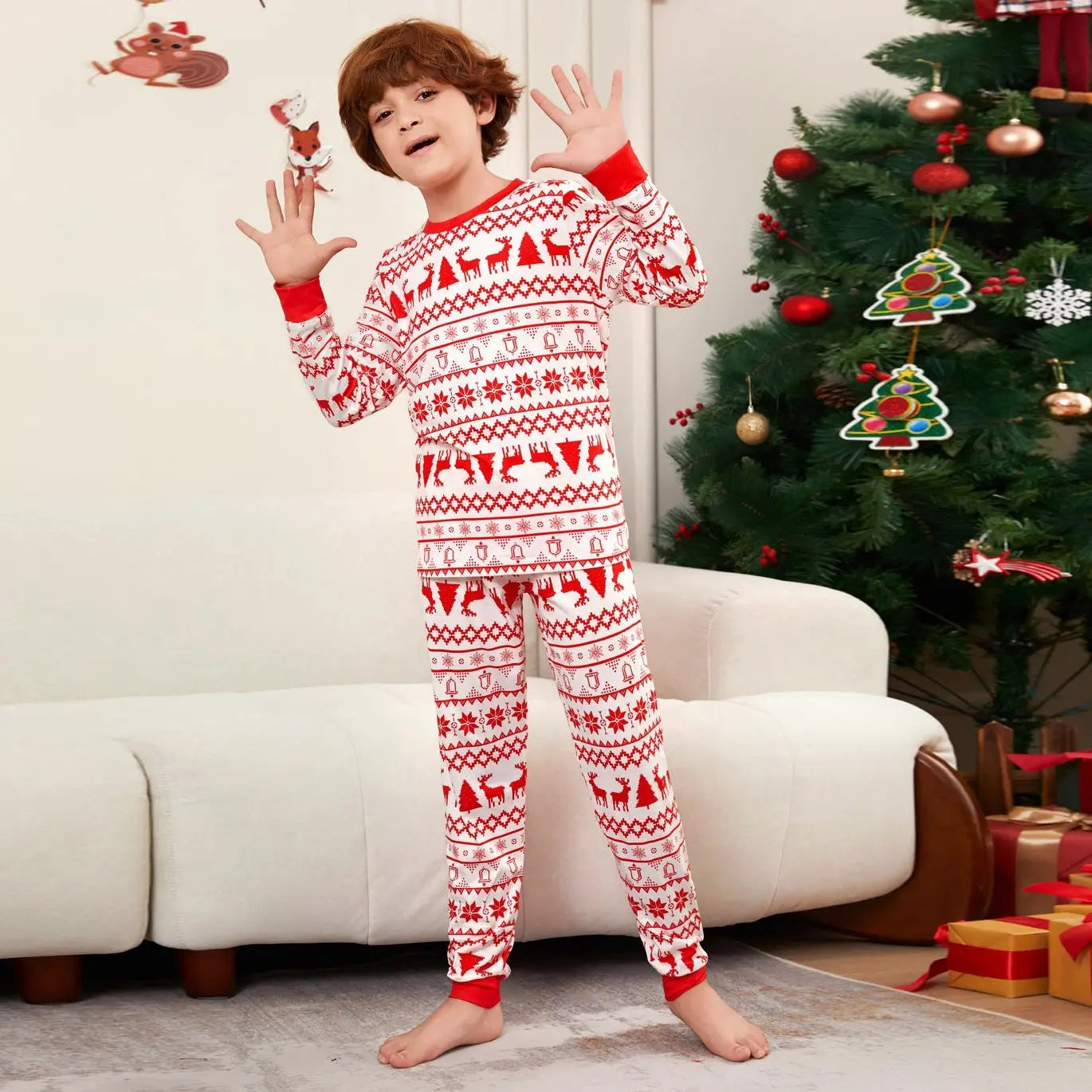 Elk Cartoon Print Crew Neck Christmas Family Matching Pajamas Party Sets - Pajamasbuy