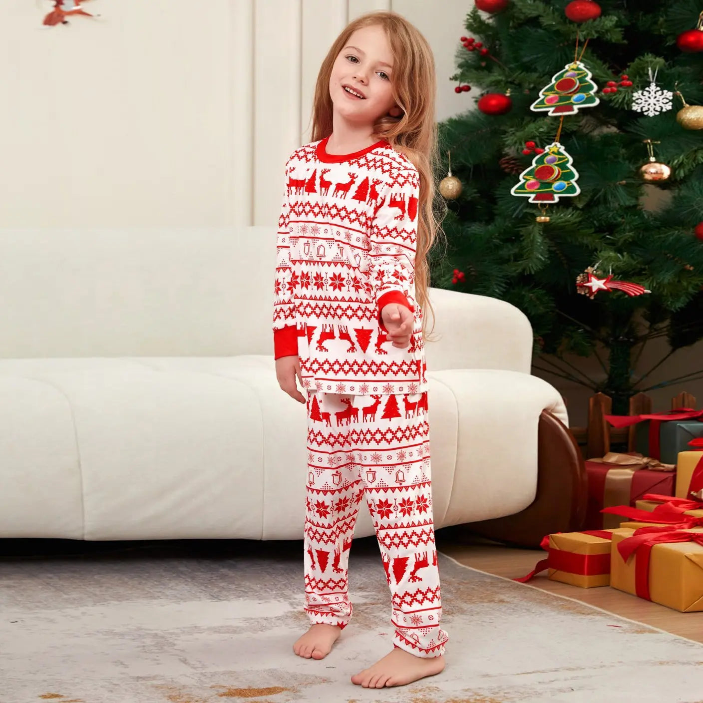 Elk Cartoon Print Crew Neck Christmas Family Matching Pajamas Party Sets - Pajamasbuy