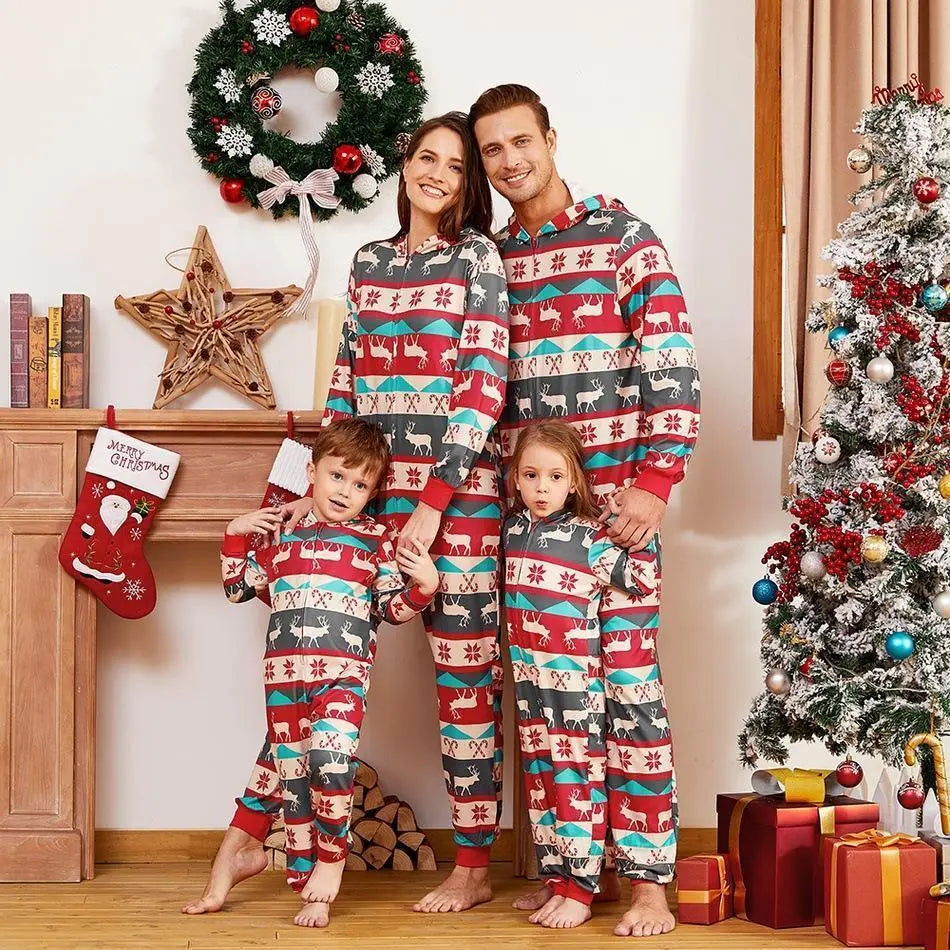 Family Christmas Pajamas Matching Sets Printed Long Sleeve One - Piece Hooded Sleepwear Jumpsuit Loungewear - Pajamasbuy