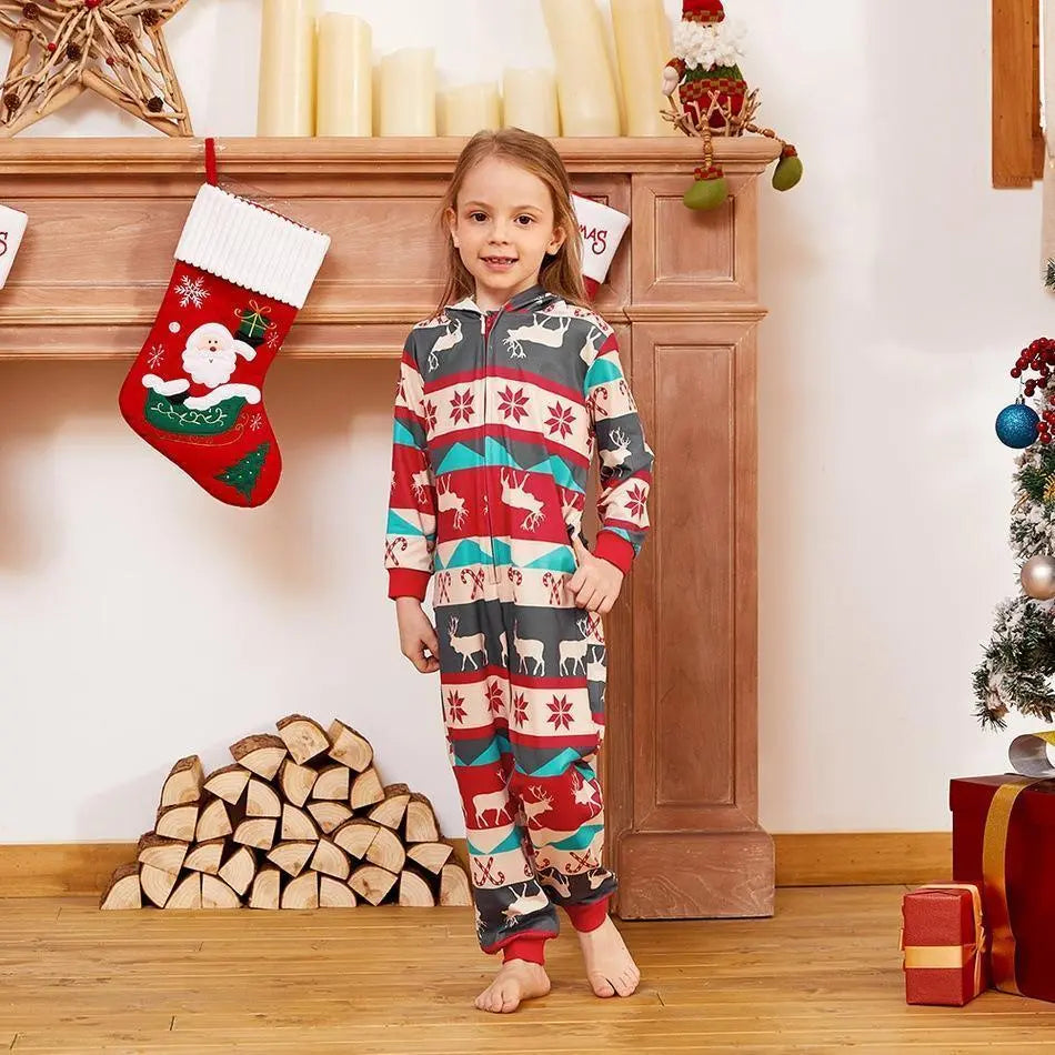 Family Christmas Pajamas Matching Sets Printed Long Sleeve One - Piece Hooded Sleepwear Jumpsuit Loungewear - Pajamasbuy