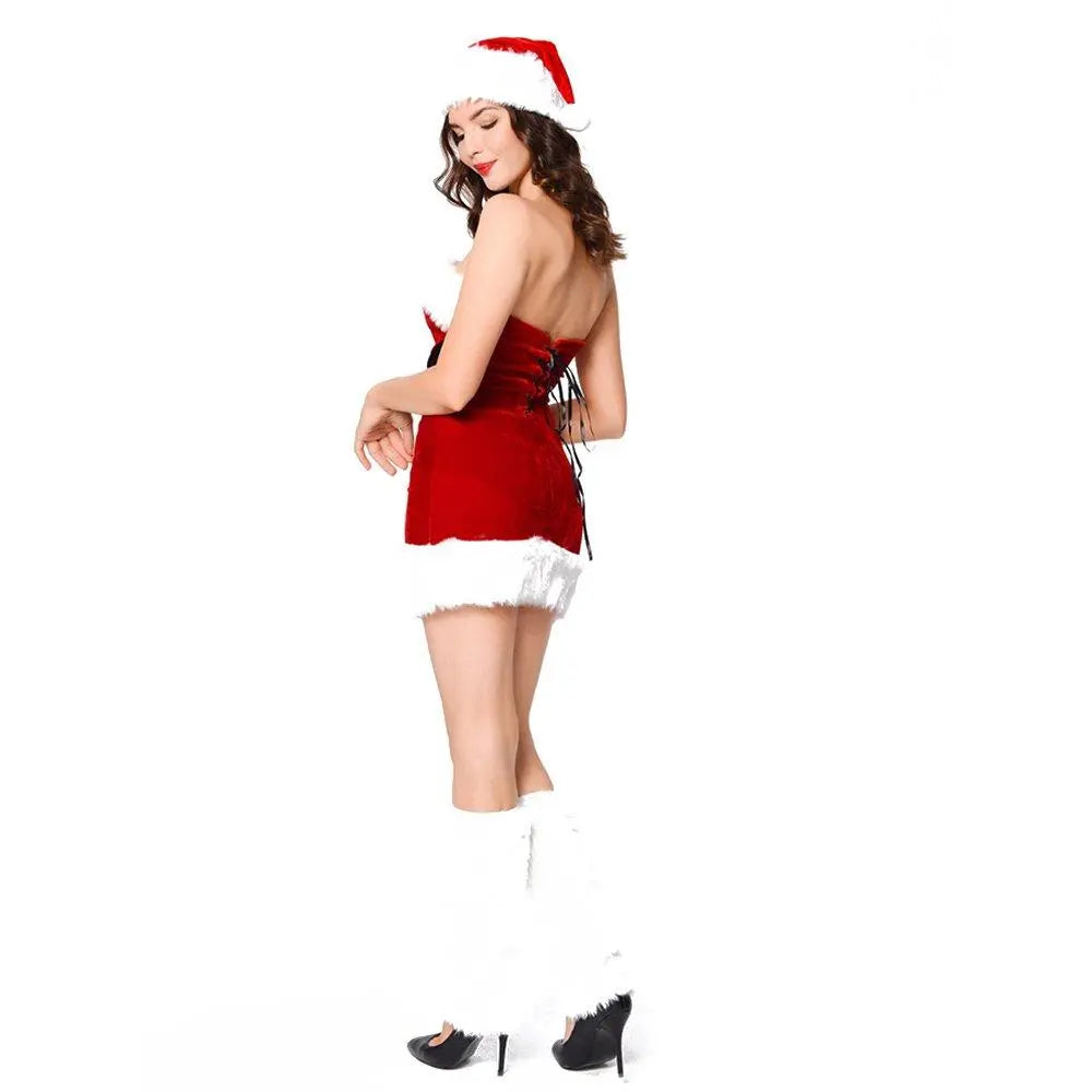 Furry Christmaas Sexy Red Costume Tube Dresses with Chirstmas Hat For Adult - Pajamasbuy