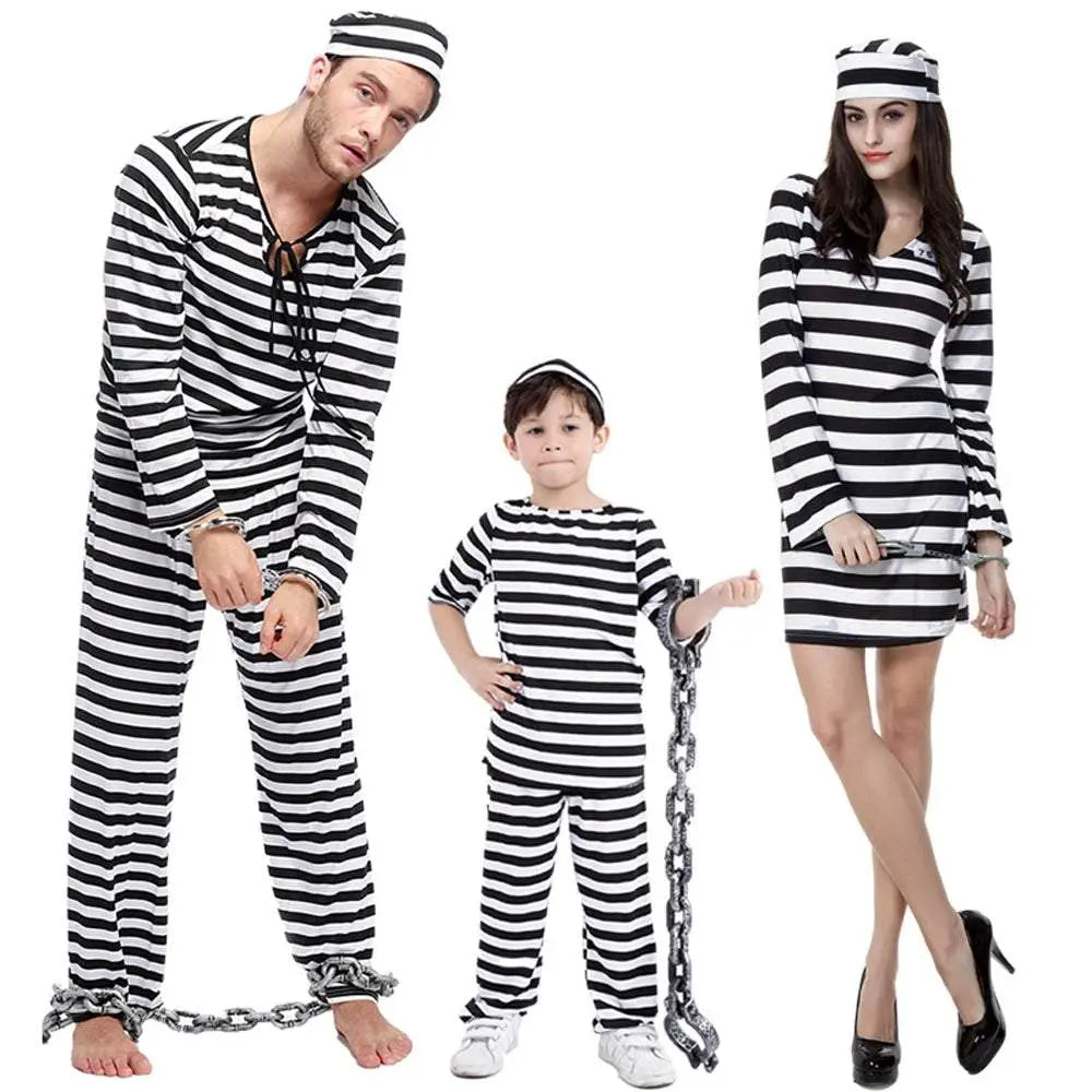 Halloween Adult Kid Striped Prison Costume Hat Top Pants Dress Set - Pajamasbuy