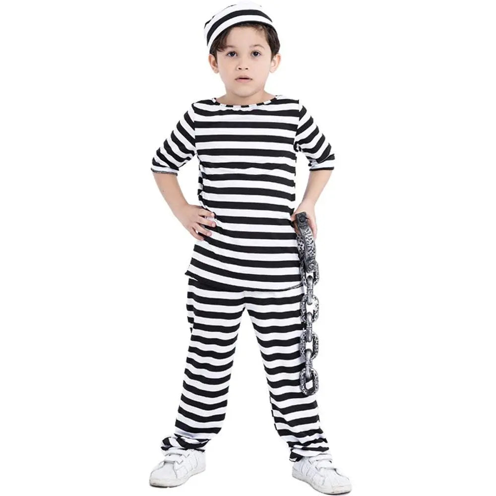 Halloween Adult Kid Striped Prison Costume Hat Top Pants Dress Set - Pajamasbuy