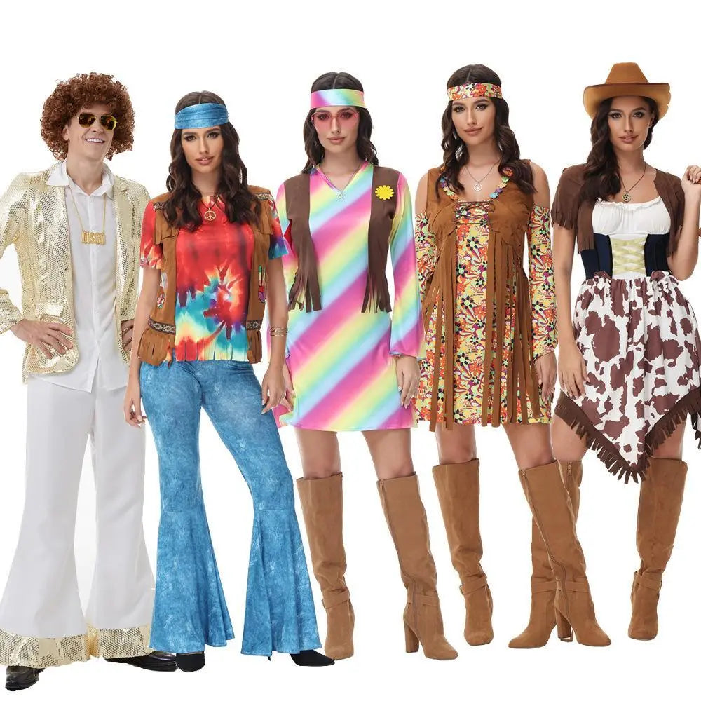 Halloween cosplay Adult retro 70s disco Hippie Fancy Dress Costume - Pajamasbuy