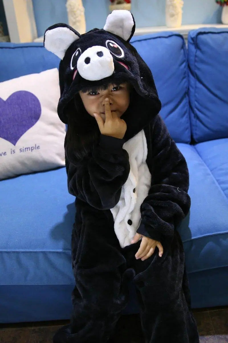 Kids Onesie Hoodie Black Pig Animal Pajamas Kigurumi Costume - Pajamasbuy