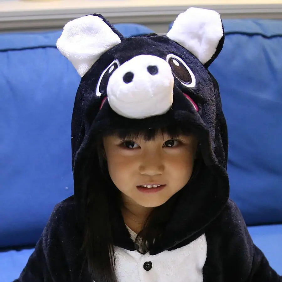 Kids Onesie Hoodie Black Pig Animal Pajamas Kigurumi Costume - Pajamasbuy