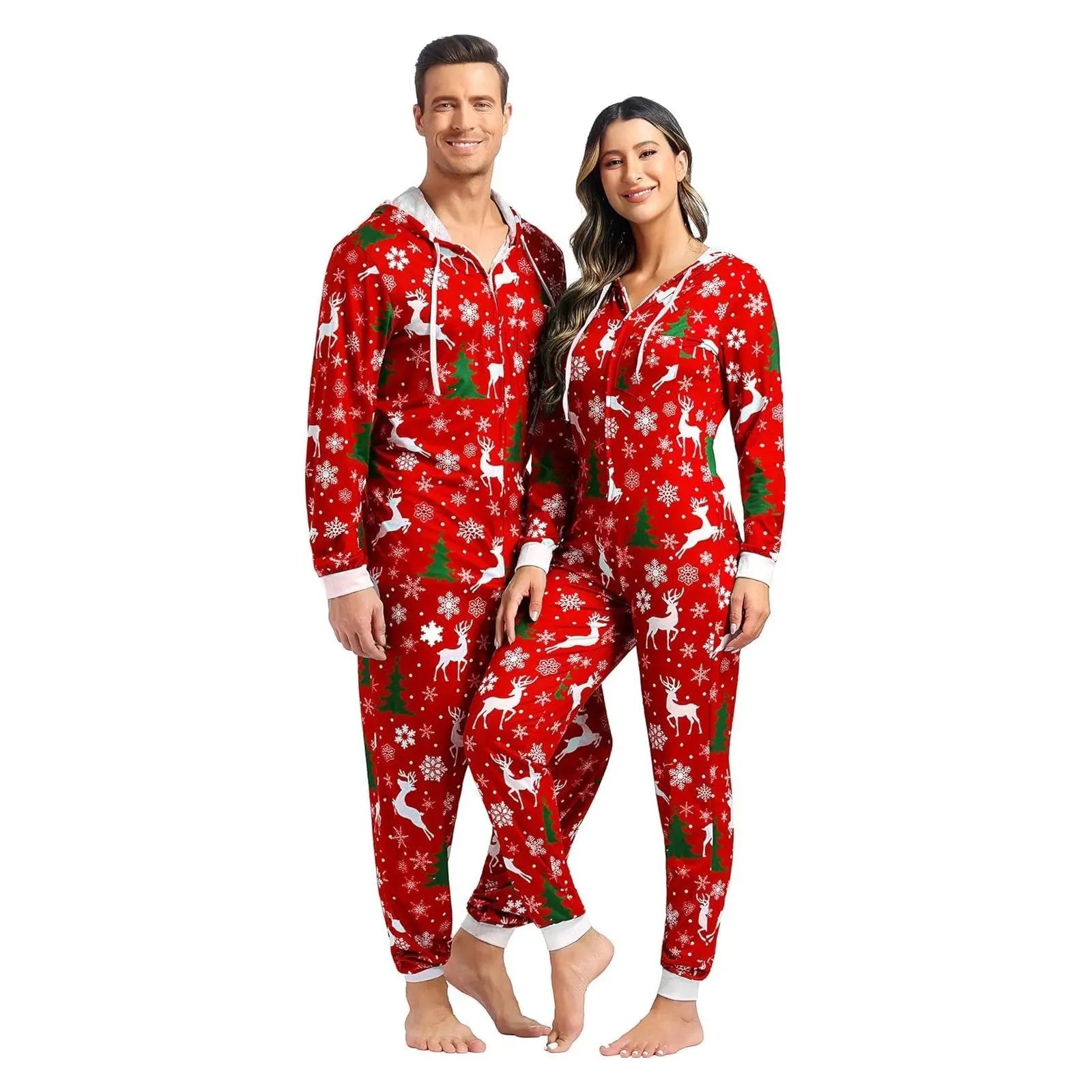 Christmas Couples Matching Pajamas Reindeer Print Multicolored for Men and Women - PajmasBuy