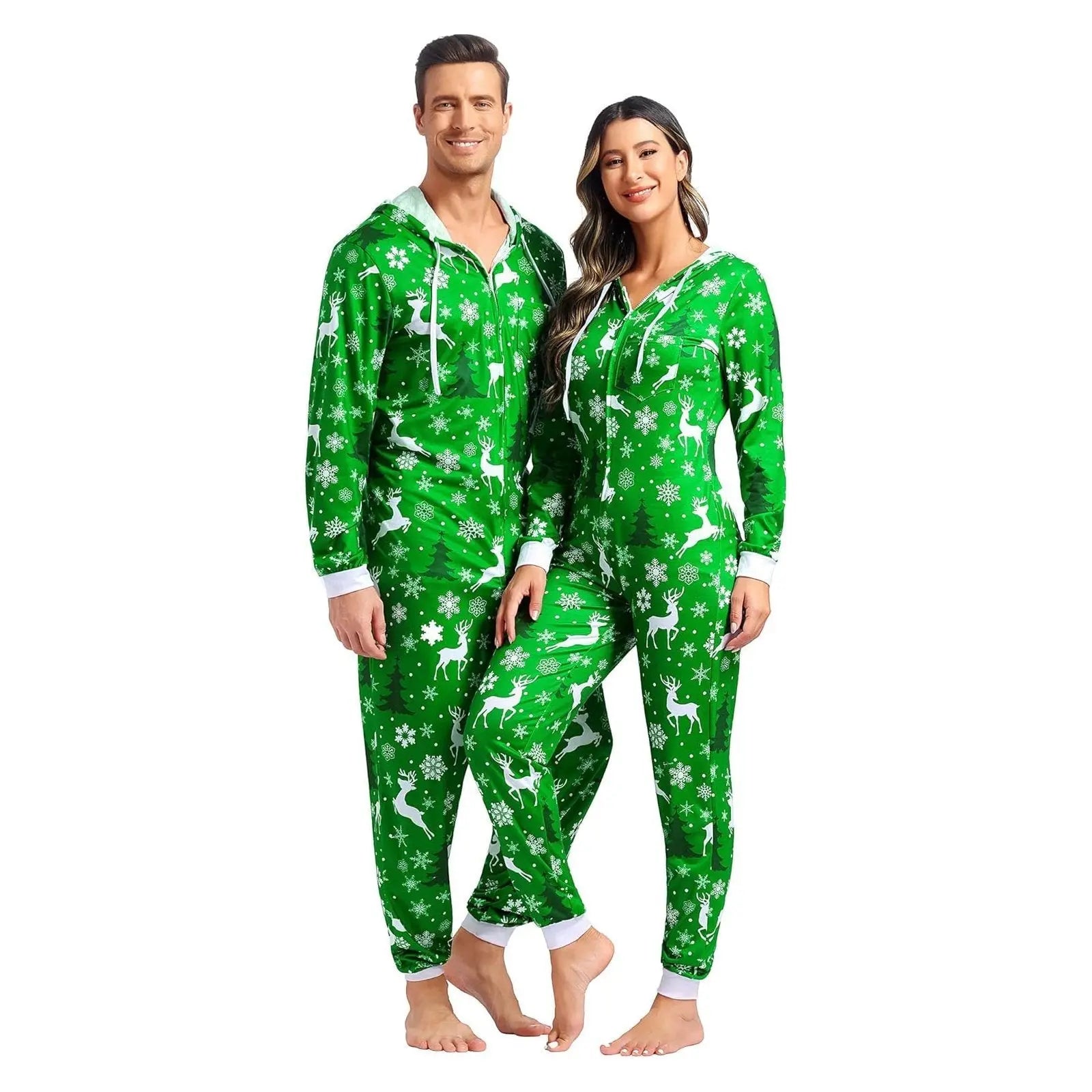 Christmas Couples Matching Pajamas Reindeer Print Multicolored for Men and Women - PajmasBuy