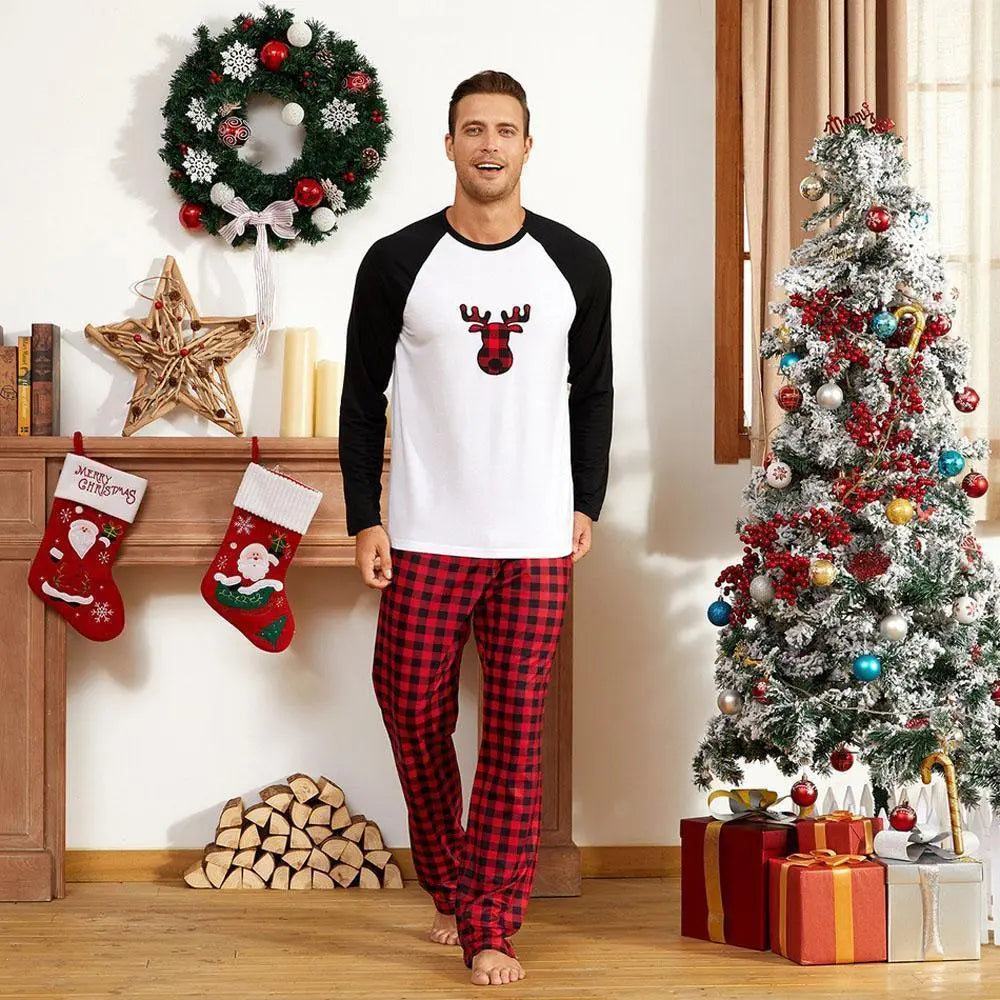 Matching Family Pajamas Sets Christmas with Deer Printed Tee and Plaid Pants Loungewear - Pajamasbuy