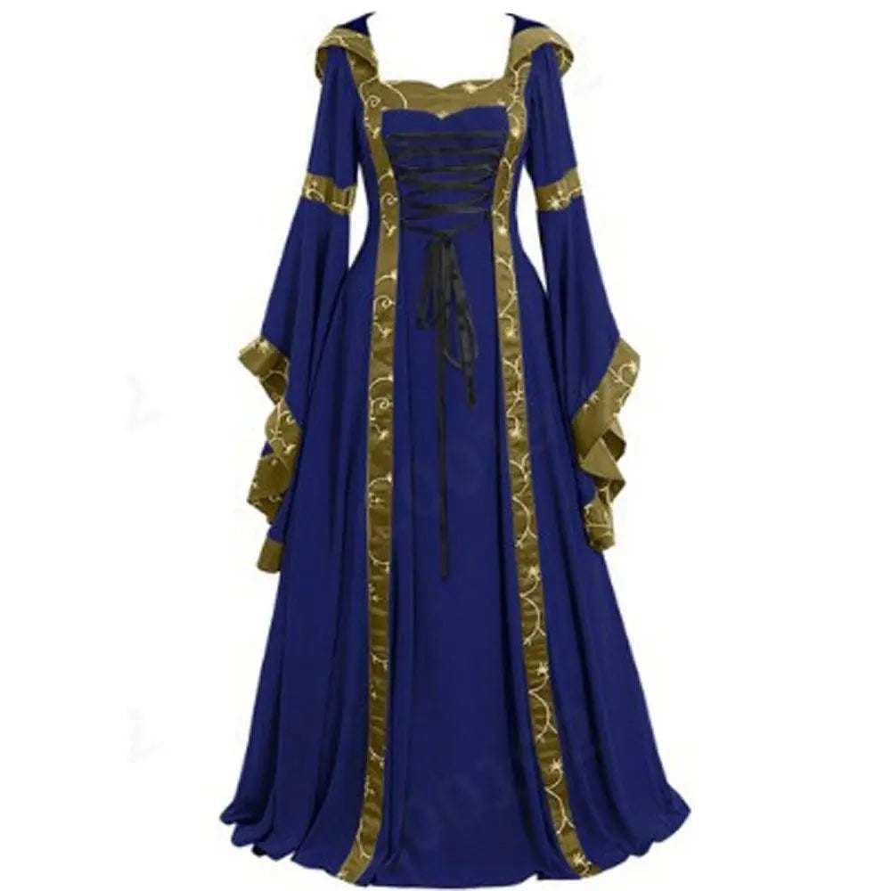 Medieval Retro Hooded Dress Costume Square Neck Tie Trumpet Sleeves Big Swing Skirt - Pajamasbuy