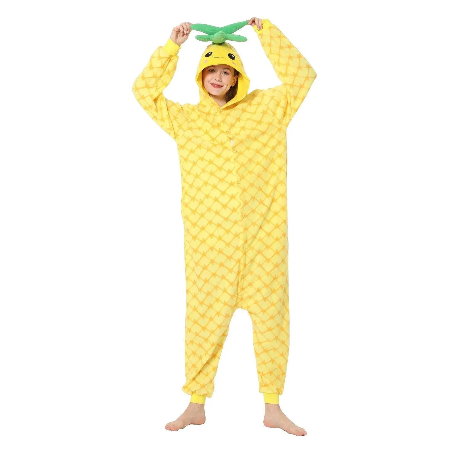 Pineapple Fruit Cartoon Kigurumi Onesies Cozy Fleece Pajamas Costume for Adults - Pajamasbuy