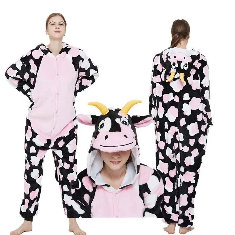 Pink Milk Cow Kigurumi Pajamas Hoodie Animal Costume Onesies - Pajamasbuy