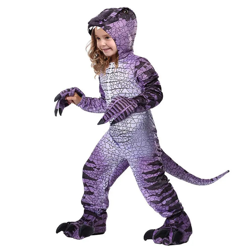 Ravenous Raptor Dinosaur Cosplay Costume Purple Hooded Jumpsuit Outfit Halloween for Kids - Pajamasbuy