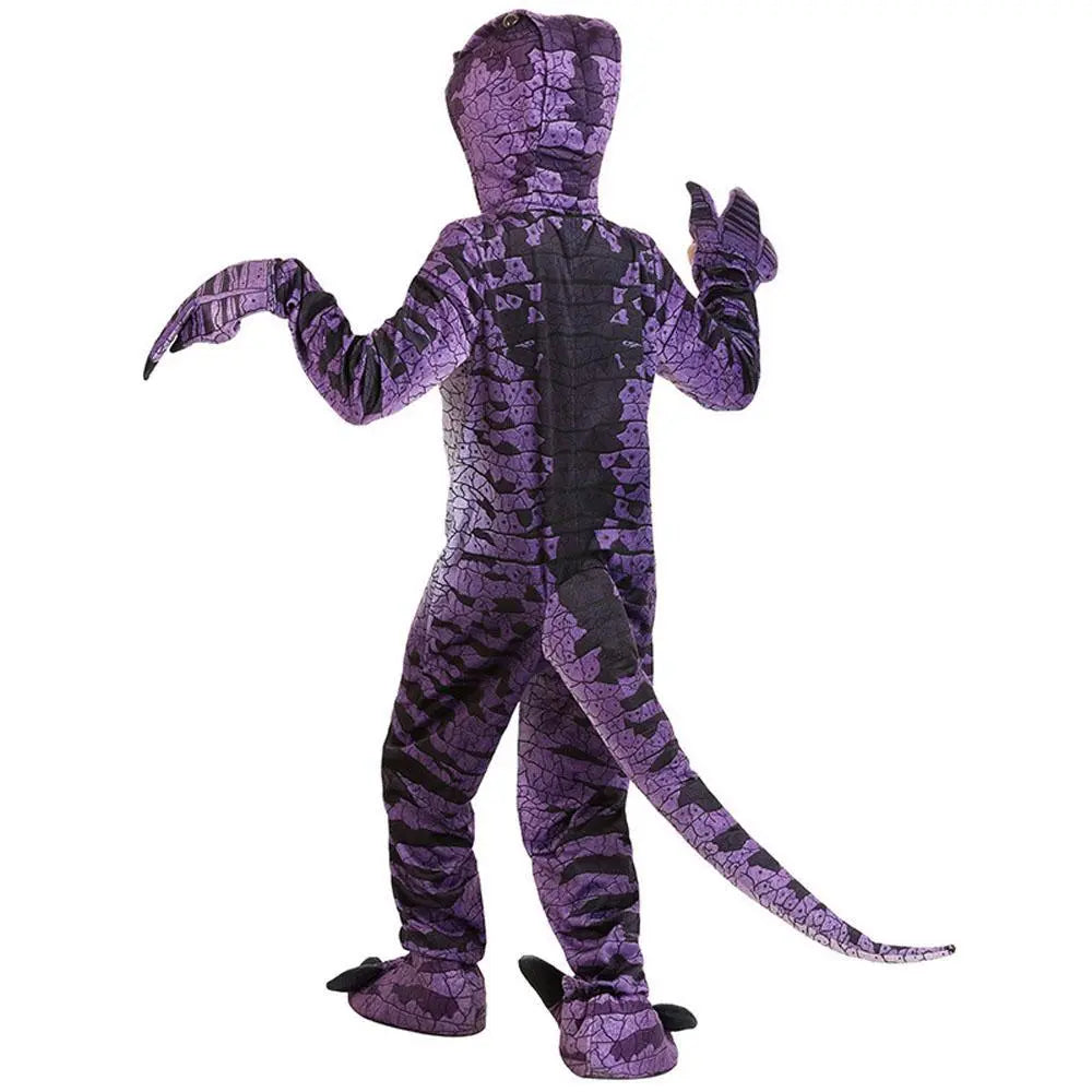 Ravenous Raptor Dinosaur Cosplay Costume Purple Hooded Jumpsuit Outfit Halloween for Kids - Pajamasbuy